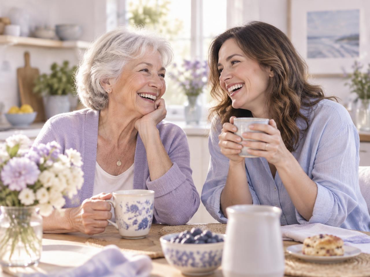 An adult daughter laughing with her mother over coffee at home